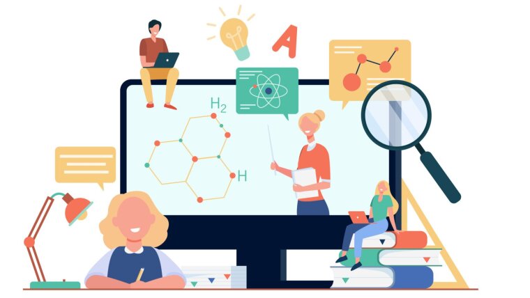 Grafik mit zufriedenen Studenten beim Betrachten des Lern-Webinars